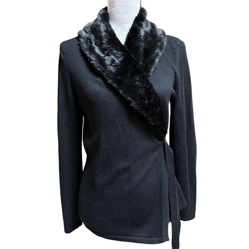 Talbots Black Wool Cashmere Wrap Cardigan Sweater Faux Fur Collar XS Luxe Winter